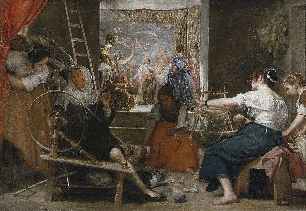 Las Hilanderas (The Fable of Arachne) by Diego Velázquez — a painting of women spinning thread in a tapestry workshop.